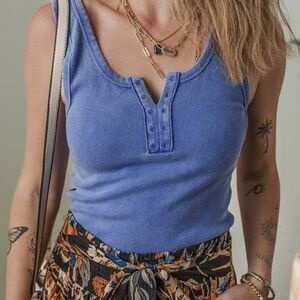 Sky Blue Mineral Wash Ribbed Notch Neck Tank Top L